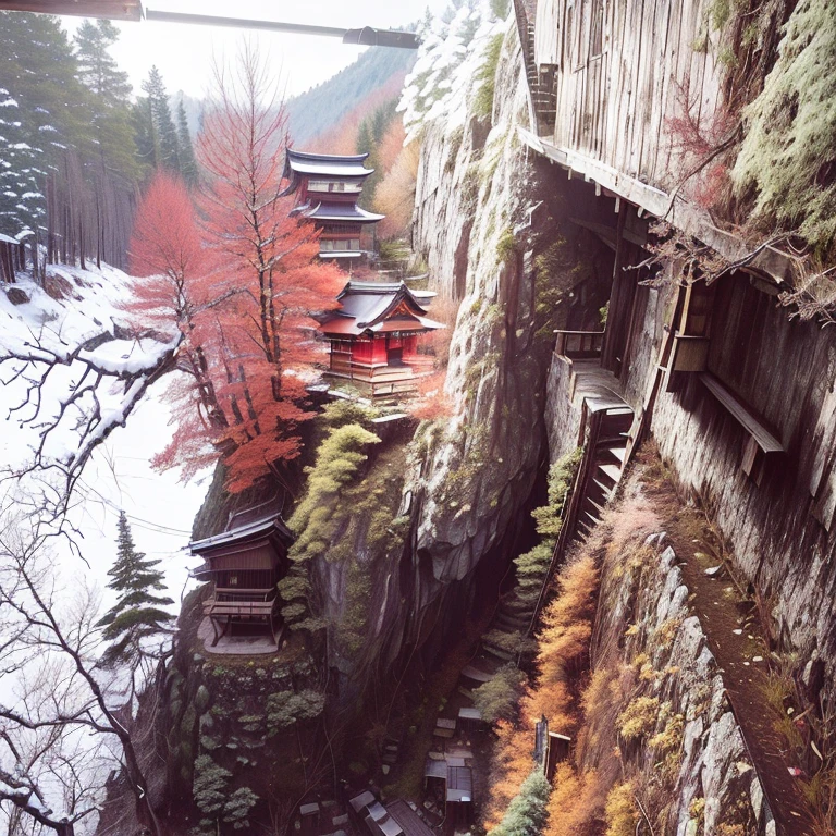 There is a small wooden building on the slope of a hill., in karuizawa, Colorful valley, butn overgrowth, Red tree, Abandoned Japanese village, but, Taken with a Sony A3 camera, Stonepunk, trees and cliffs, Near a Japanese shrine, Inspired by Masamitsu Ota, Near Shimen