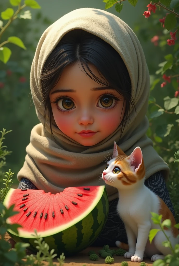 Hijab Palestine girl with cat and watermelon.