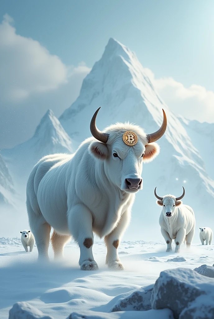 Bitcoin with white bulls in the snow and polar bears