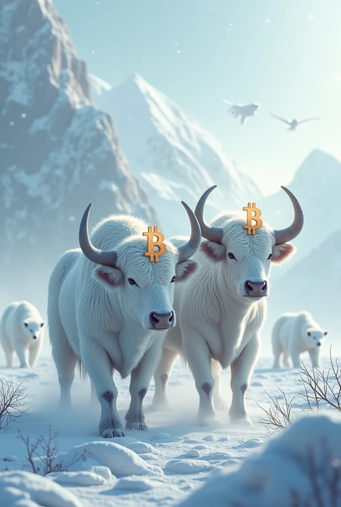 Bitcoin with white bulls in the snow and polar bears