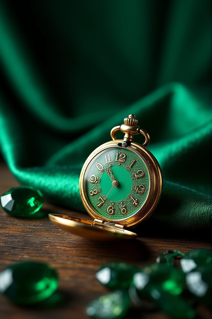 "Design an image featuring an emerald green vintage pocket watch with intricate gold detailing, placed on a dark wooden surface. Surround it with emerald green gemstones and a folded emerald green silk handkerchief. The background should be a deep emerald green velvet fabric, with soft lighting emphasizing the rich textures and details."