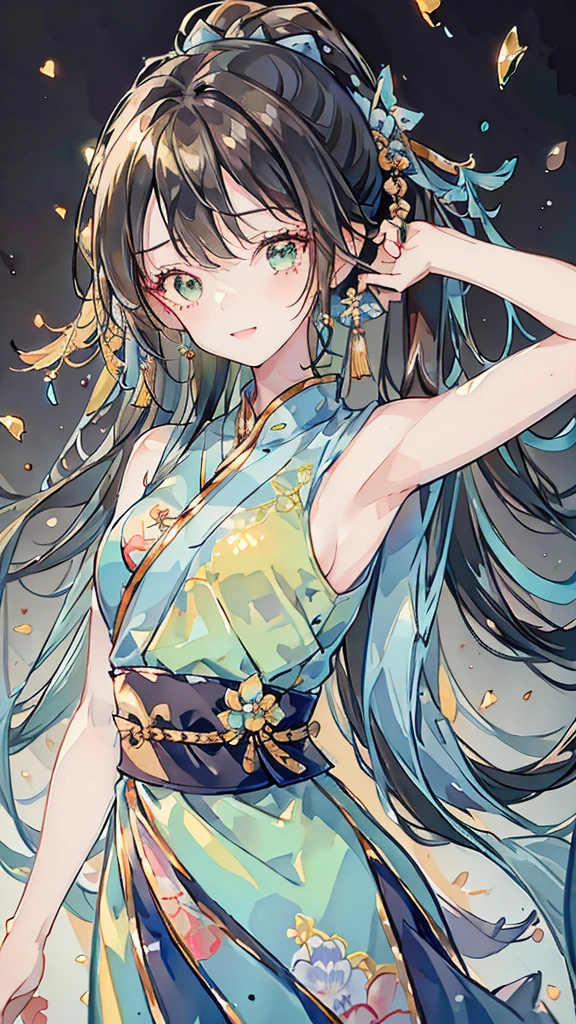 short girl, 1girl, solo, masterpiece, highres, solo, 8k, detailed, perfect face, best quality, (ultra high quality), (looking at viewers), (armpit), bare arms, small breast, sideboob, black hair, long hair, ponytail hair, hair bangs, green eyes, chinese dress, slim body, upper body, smile, hand up