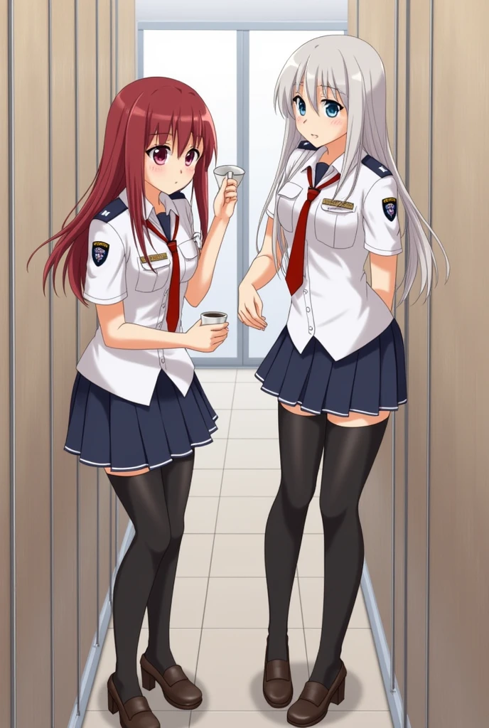 2girls,roromiya,ririchiyo, lesbian, yuri, cup, sweaty, stripping off police uniform, in a changing room,masterpiece, best quality