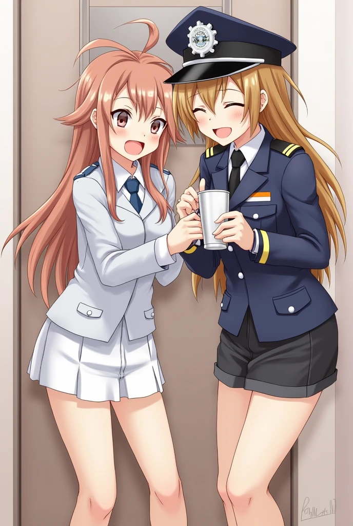 2girls,roromiya,ririchiyo, lesbian, yuri, cup, sweaty, stripping off police uniform, in a changing room,masterpiece, best quality