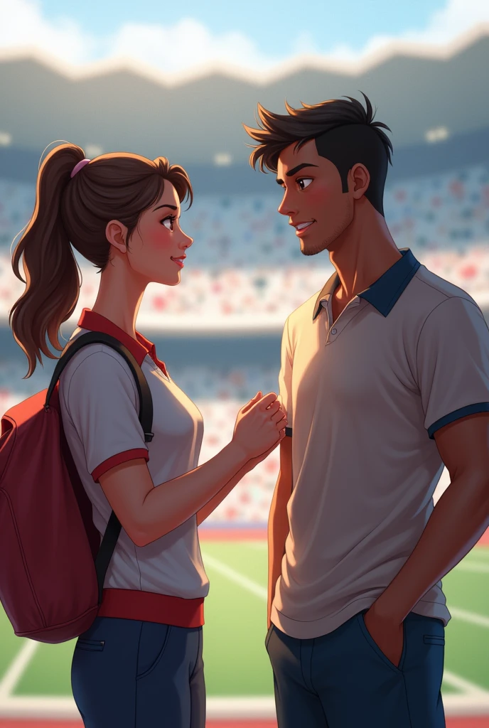 Claudia, a brown-haired woman with her hair up, and Ricardo, a black-haired man with an expression of respect and mutual understanding. Sofia black-haired woman smiles in the background, showing satisfaction for the fair resolution. The scene is calmer, with the stadium background clear. The light is soft to convey a sense of positive resolution and learning.. put realistic characters all this is set in the Olympics 
