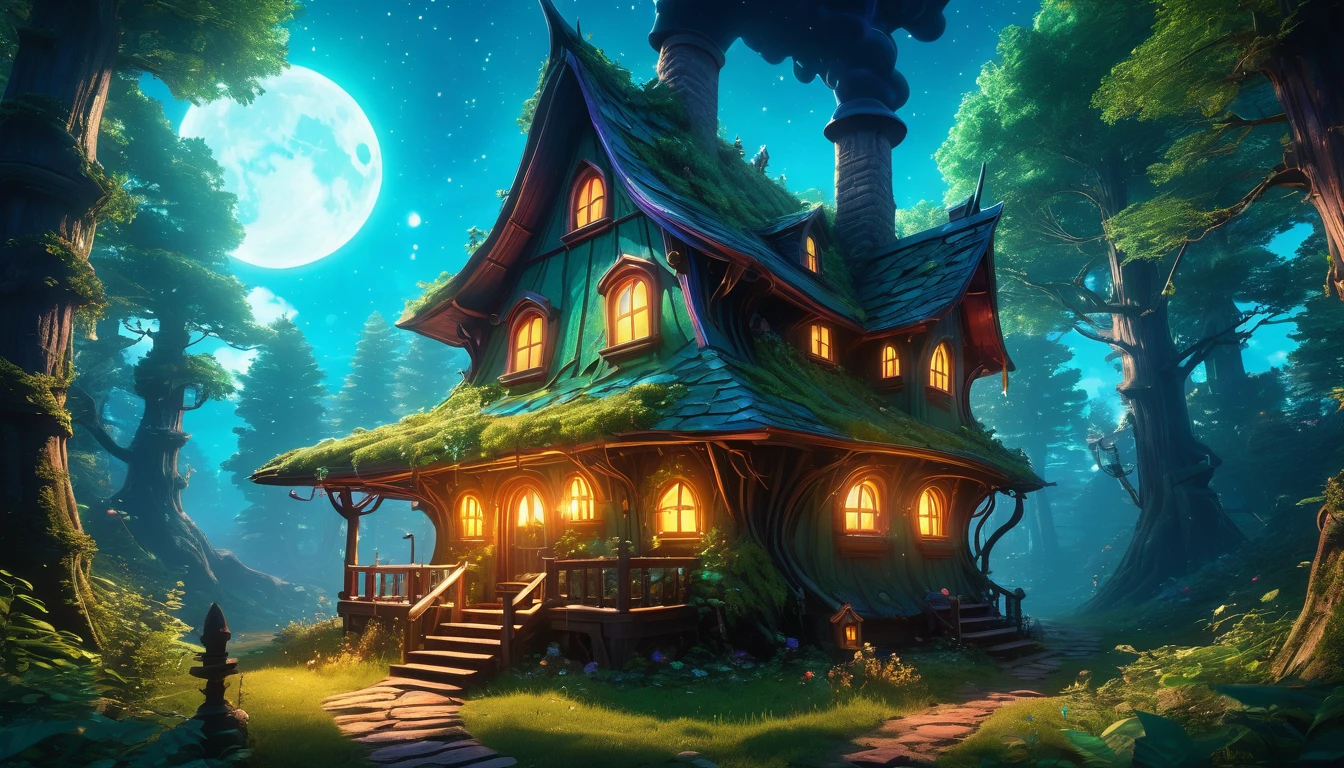 (anime, fantasy, witch house), (detailed CG unity 8k wallpaper, masterpiece, best quality, hyperdetailed, HDR:1.2), vibrant colors, A sole small witch house in an enchanted bioluminescent forest, unique shape, {wonky house}, chimney. magical forest, enchanted, beautiful, ethereal lighting, lens flare
