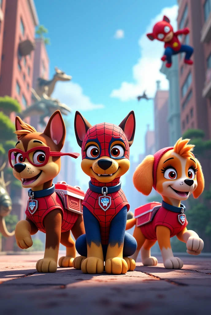 Spider-Man Party Invitation, and the paw patrol dressed up in spiderman outfits and dinosaurs in the background