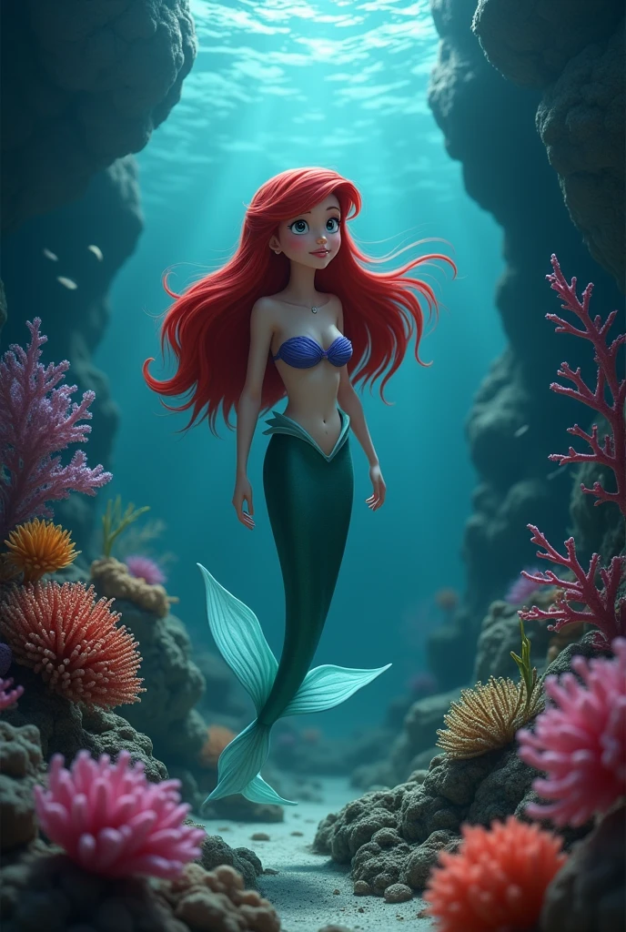 "Create a realistic underwater scene featuring a young mermaid named Ariel, with long flowing red hair and a curious expression. The ocean is deep and mysterious, with darker tones to hint at an ominous presence. The environment is filled with colorful coral, but with shadows creeping in, indicating a story that is not the usual cheerful tale."