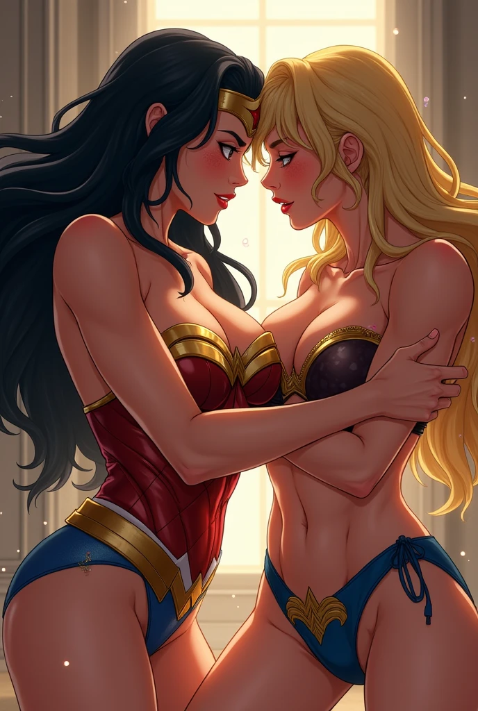 Wonder Woman, Catfight, Battle, Swimwear, Lesbian wrestling, Lesbian, wrestling, Long black hair, Blonde Gal, Face-to-face climax, Domination, Two, Squirting, Fingering, Drooling face, breathe, blush, Sweat, Sweaty, Anime Drawings, erotic ,kiss