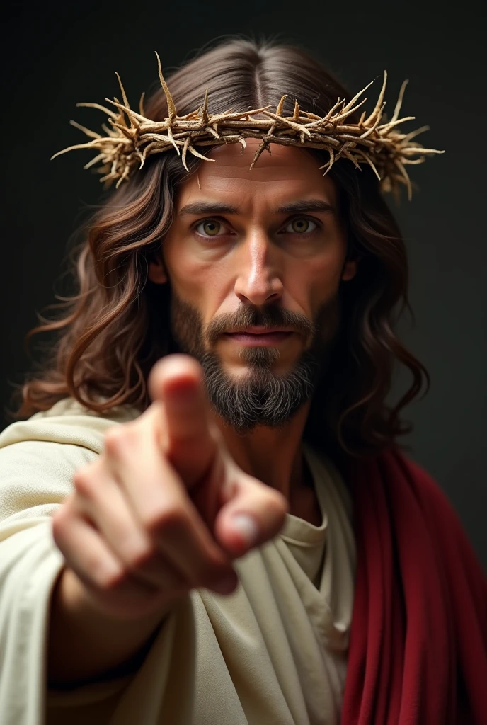 A highly realistic portrayal of Jesus, centered in the frame, wearing a crown of thorns. He is looking directly forward, with a natural expression, and pointing his finger towards the viewer. The image is captured in stunning 4K resolution with high detail,   fine details of his face and clothing, studio lighting, foto de média distância,well lit, bright lighting