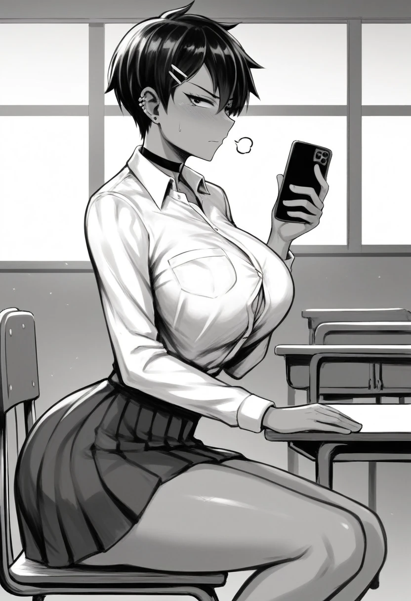 1girl, Monochrome, slightly dark skin, skirt, Japanese high school skirt, tight dress shirt, medium tomboy haircut, medium tomboy hairstyle, sexy soft face, sexual face, extremely feminine face, female jawline, manga style, (angled front side view image, pov front angled side profile view), ((((extremely big breasts, extremely Wide hips, extremely big ass, thick thighs, thicc, busty, big ass)))), black choker, annoyed expression, annoyed face, slightly annoyed expression, crisscross hair clip on left side of hair, subject is looking at phone in right hand, black ear piercing, detailed, masterpiece, 8k image, beautifully detailed, sitting down, sitting on Japanese’s school chair, in club room, interior Japanese high school club room, good hand anatomy, feminine hands, good finger anatomy, left hand open, open palm hand towards pov, open palm hand facing viewer,