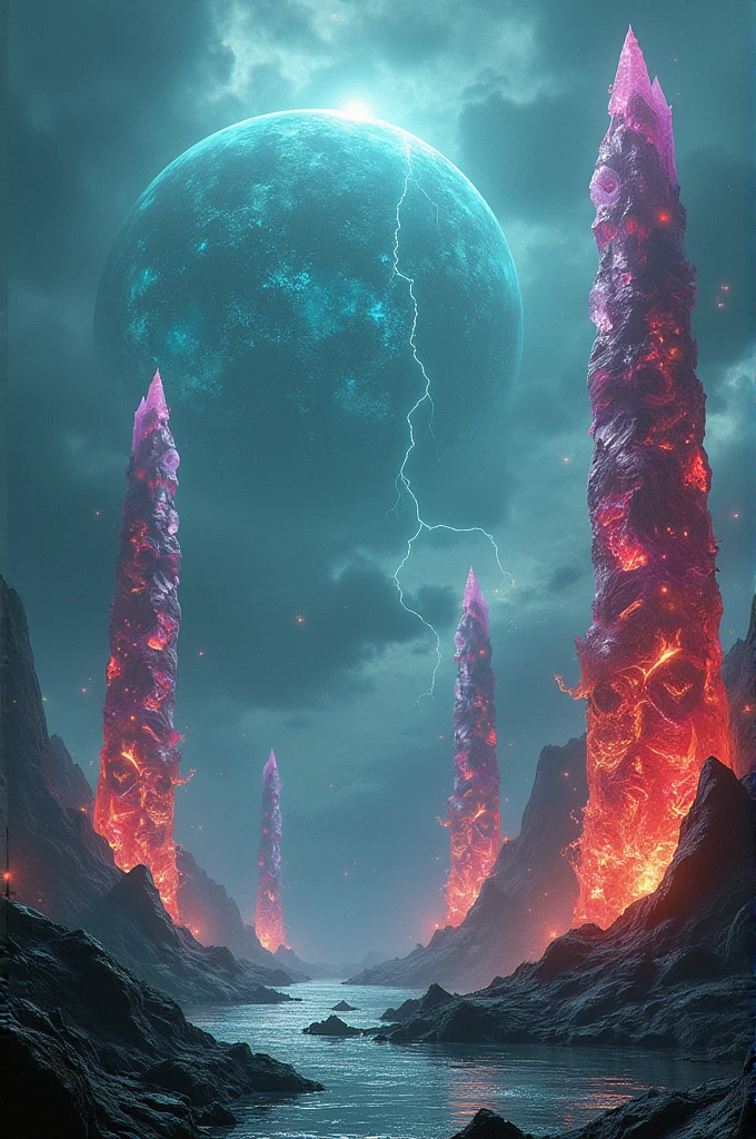 Create an irradiated planet where most of its surface is water. In its lands there are countless crystals of all types and colors., these crystals contain electricity. Several different dragons live on this planet., of different species.