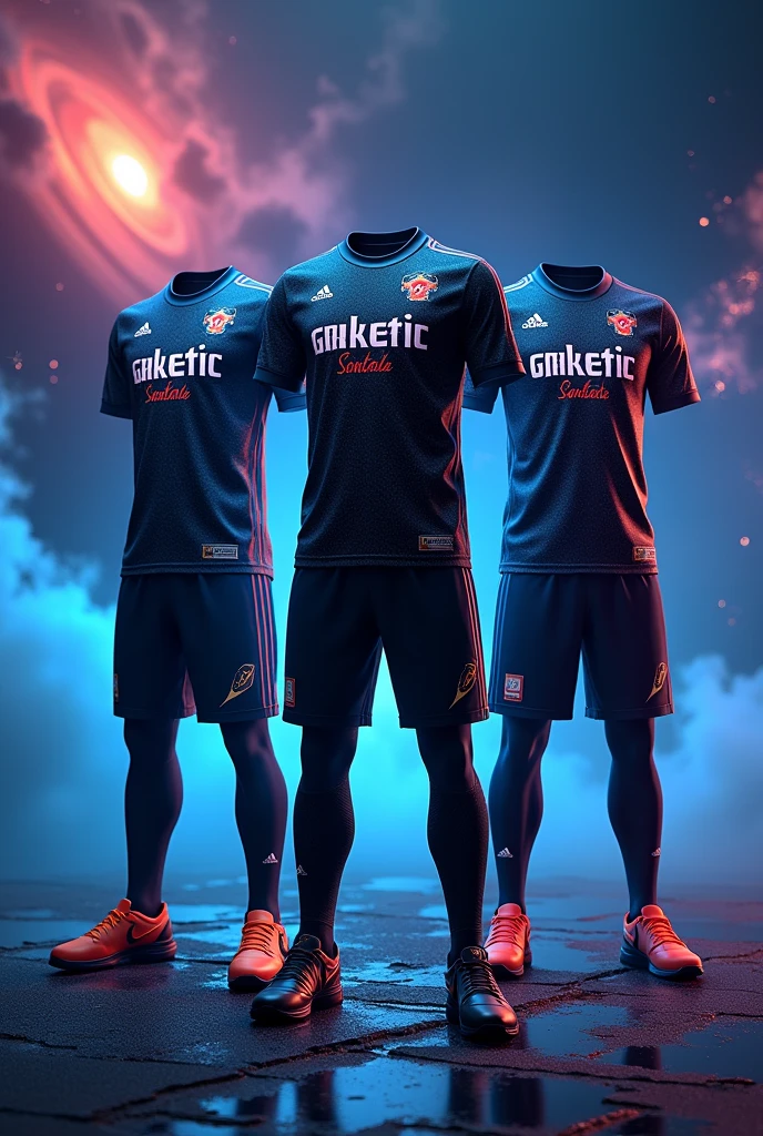 Create an image showing three sports uniforms with a space and galactic theme.. They have an attractive and futuristic design, with planets, stars and cosmic mists in blue and black tones. The jerseys have the name "Galactic" and name it "Santa Cruz" 
somewhere printed in the center. It appears to be a uniform design for a sports team., maybe soccer or volleyball. It is a very creative and eye-catching design., that captures the imagination of space and celestial bodies.

