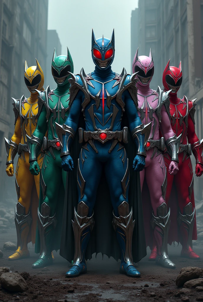 (photorealism:1.2), evil Red Power Ranger, evil Blue Power Ranger, evil Green Power Ranger, evil Yellow Power Ranger, Evil Pink Power Ranger, evil silver Power Ranger