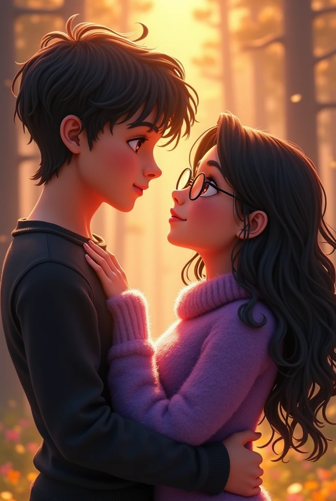 A couple looking at each other face to face, They are hugging each other and he has his arms on her waist. Close-up. The boy is white., Beautiful, Good boy his clothes are black and he doesn&#39;t wear glasses The girl has loose black curly hair, high with hexagonal lenses, She is shorter than him,  wears a fuzzy purple wool sweater, She is tender chubby.
In the background a pine forest with daylight Animated