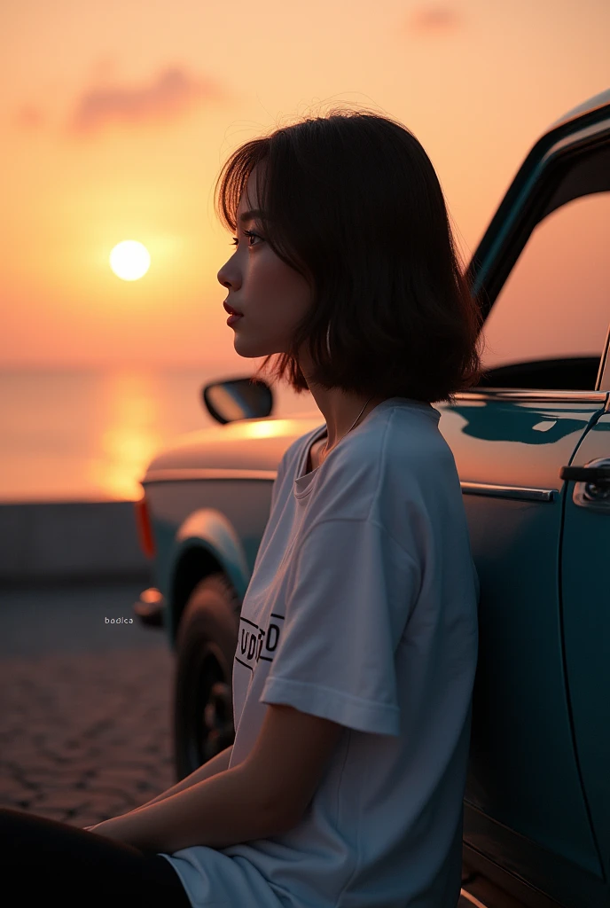 A Japanese woman is sitting next to a car,  （"BUDDICA" It is written there）,Look away from the viewer, T-Shirts、Upper Body, Cinema Lighting, Shine,Seaside、Photorealistic、Orange、modern、