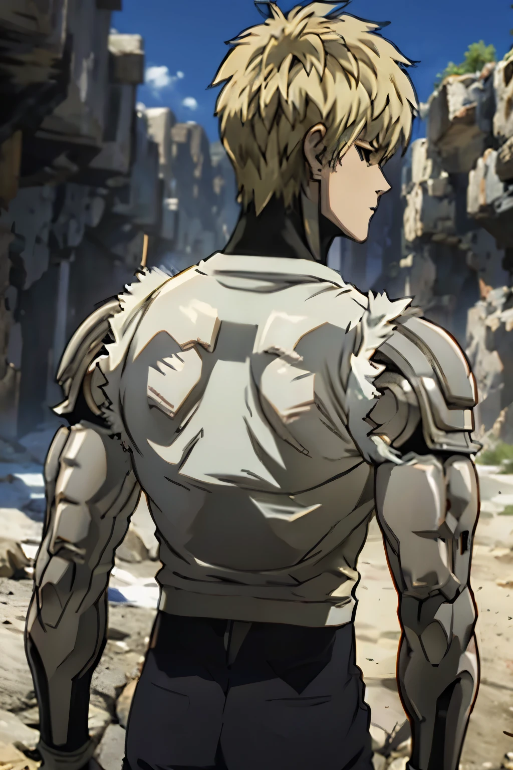 back genos, from the One Punch Man series, (backwards) 