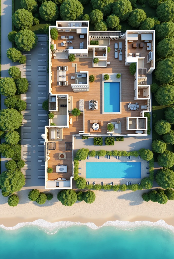 3D plan of a beach hotel showing the reception area first, The restaurant space, The recreation space, The L-shaped parking lot One part in front and the rest alongside, guest rooms, A SPA room, An area for people with disabilities, The pool, Connection with green areas, That can be like an open space