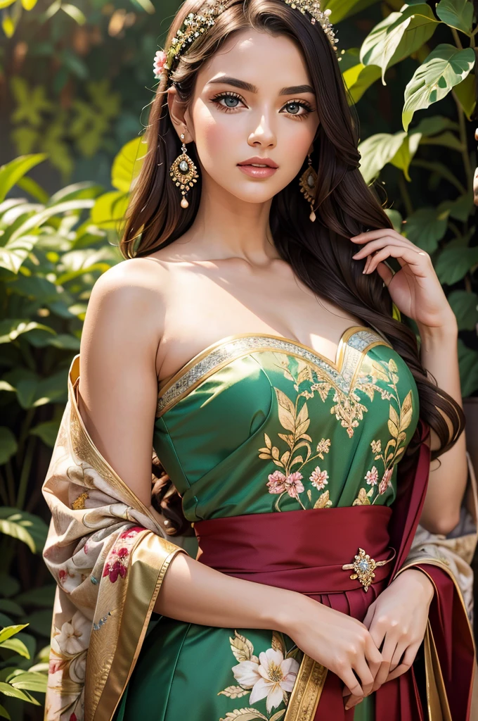 a gorgeous princess, wearing a floral red and green frock, garden background, beautiful detailed eyes, beautiful detailed lips, extremely detailed eyes and face, long eyelashes, elegant, graceful, porcelain skin, photorealistic, highly detailed, 8k, masterpiece, vibrant colors, warm lighting, lush foliage, ornate architecture, ethereal atmosphere