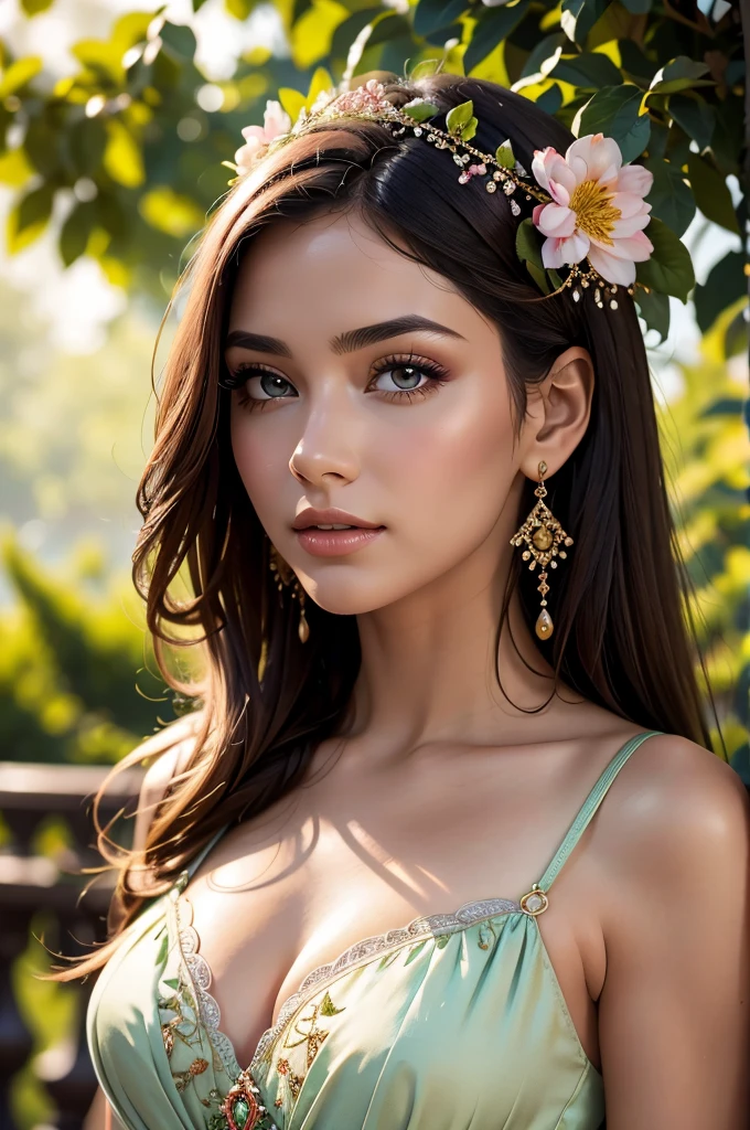 a gorgeous princess, wearing a floral red and green frock, garden background, beautiful detailed eyes, beautiful detailed lips, extremely detailed eyes and face, long eyelashes, elegant, graceful, porcelain skin, photorealistic, highly detailed, 8k, masterpiece, vibrant colors, warm lighting, lush foliage, ornate architecture, ethereal atmosphere