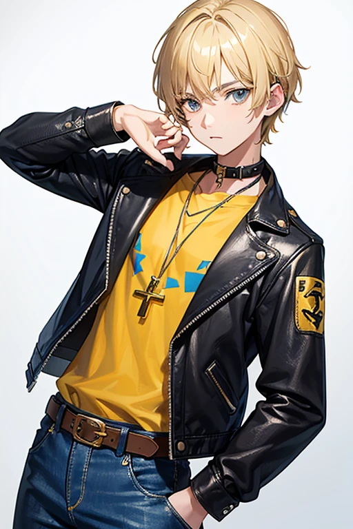 16 year old boy, blonde hair short on the sides and pointed up, gray eyes, blue leather jacket yellow shirt with musical print blue jeans slim build black belt gold cross necklace looking directly at viewer white background