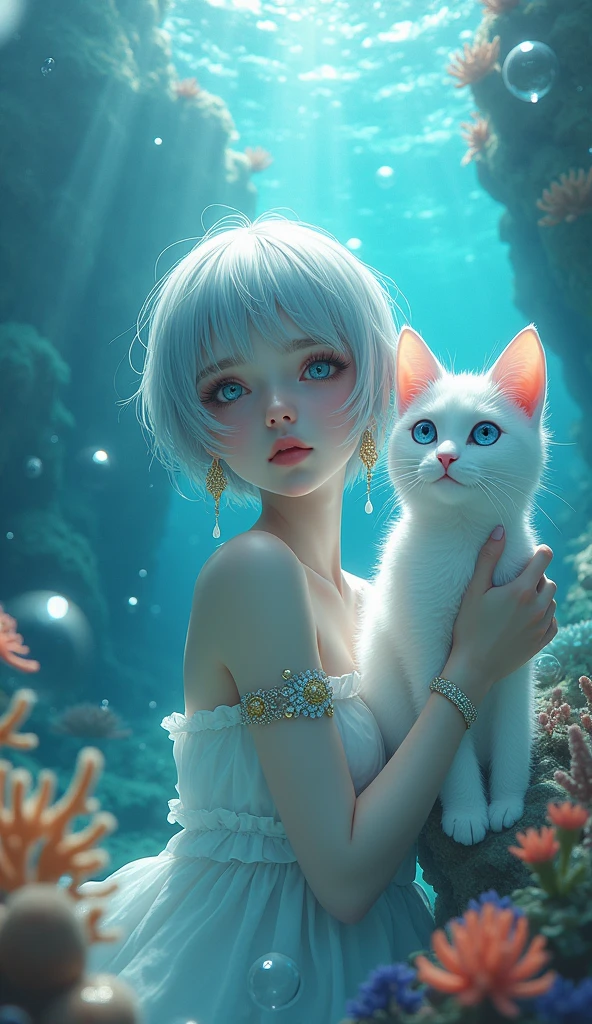 masterpiece, best quality, 8K resolution, very detailed, hairy,blue eyes, gray hair, Short hair, water elements, Underwater background, White cat, White skin, white stripes, White bracelet, corals,bubble, Gold earrings