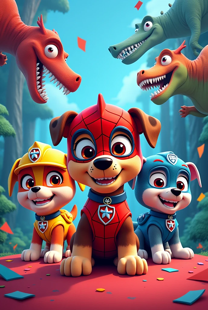 Spider-Man Party Invitation, and the paw patrol dressed up in spiderman outfits and dinosaurs in the background