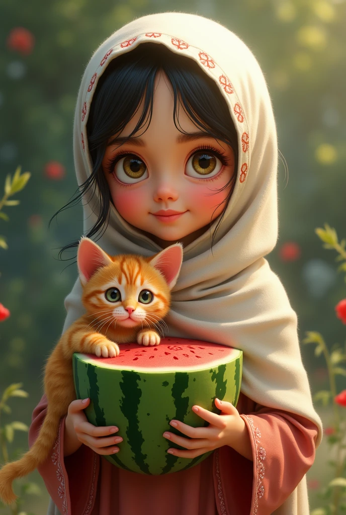 Hijab Palestine girl with cat and watermelon. Make it the hair inside hijab.