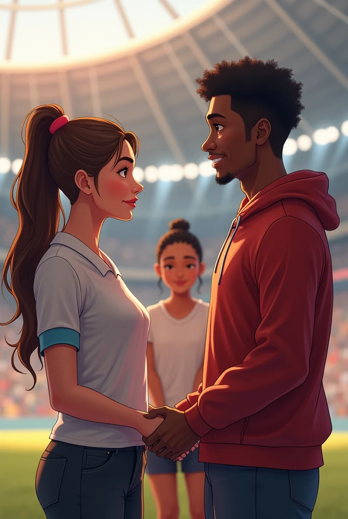 Claudia, a brown-haired woman with her hair up, and Ricardo, a black-haired man with an expression of respect and mutual understanding. Sofia black-haired woman smiles in the background, showing satisfaction for the fair resolution, with the stadium background clear. The light is soft to convey a sense of positive resolution and learning.. put realistic characters all this is set in the Olympics 
