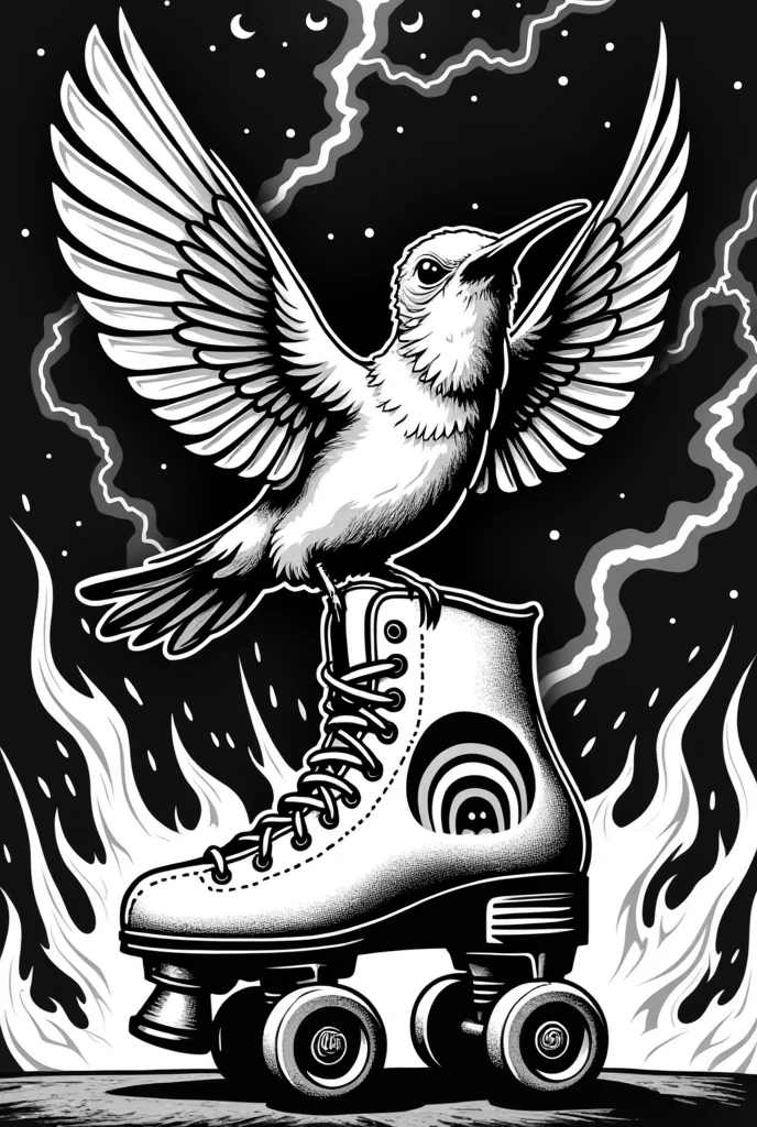 Angry hummingbird with open wings on top of a roller skate that has gay symbols with a background of thunder and fire in a woodcut style In black and white