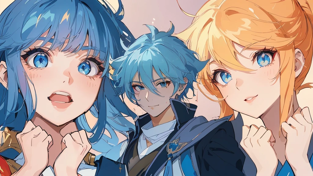 evil man in the center, heroic man, sexy girl, sensuous, sorriso sensuous, charming smile, provocative clothes, big boobies, neckleace sensuous, sultry eyes, 8k, smooth lines, sexy girls, big boobies, neckleace, girls with their hands on their faces, cute girls, anime traits, perfect strokes, 4K