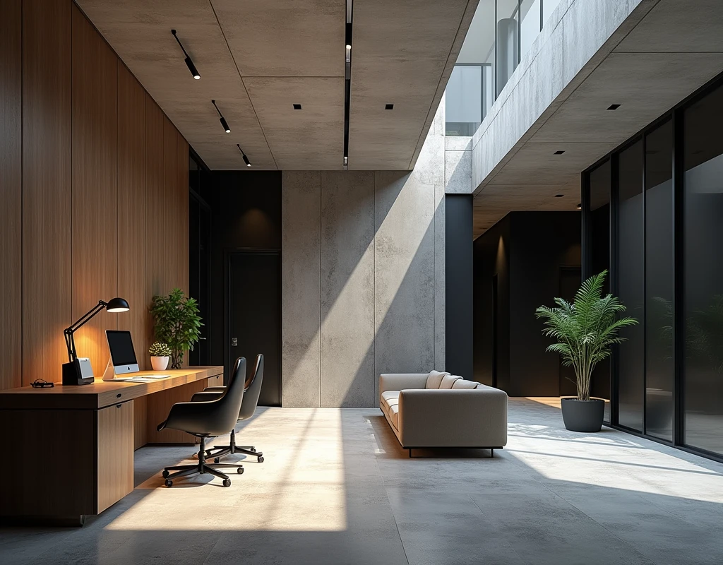 Professional architectural space photography,Future Corporate Office,High-end,Minimalist industrial style,Wood and black walls,Concrete structure,Interior design master works,Fascinating light and shadow
