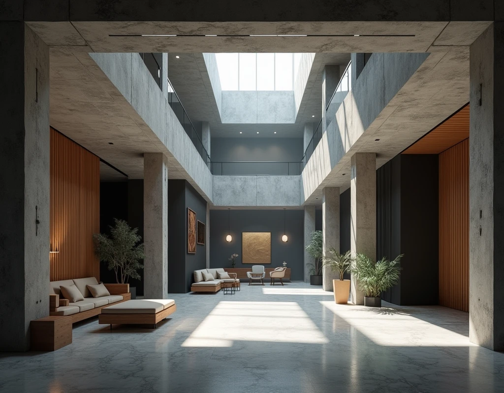 Professional architectural space photography,Future Corporate Office,High-end,Minimalist industrial style,Wood and black walls,Concrete structure,Interior design master works,Fascinating light and shadow