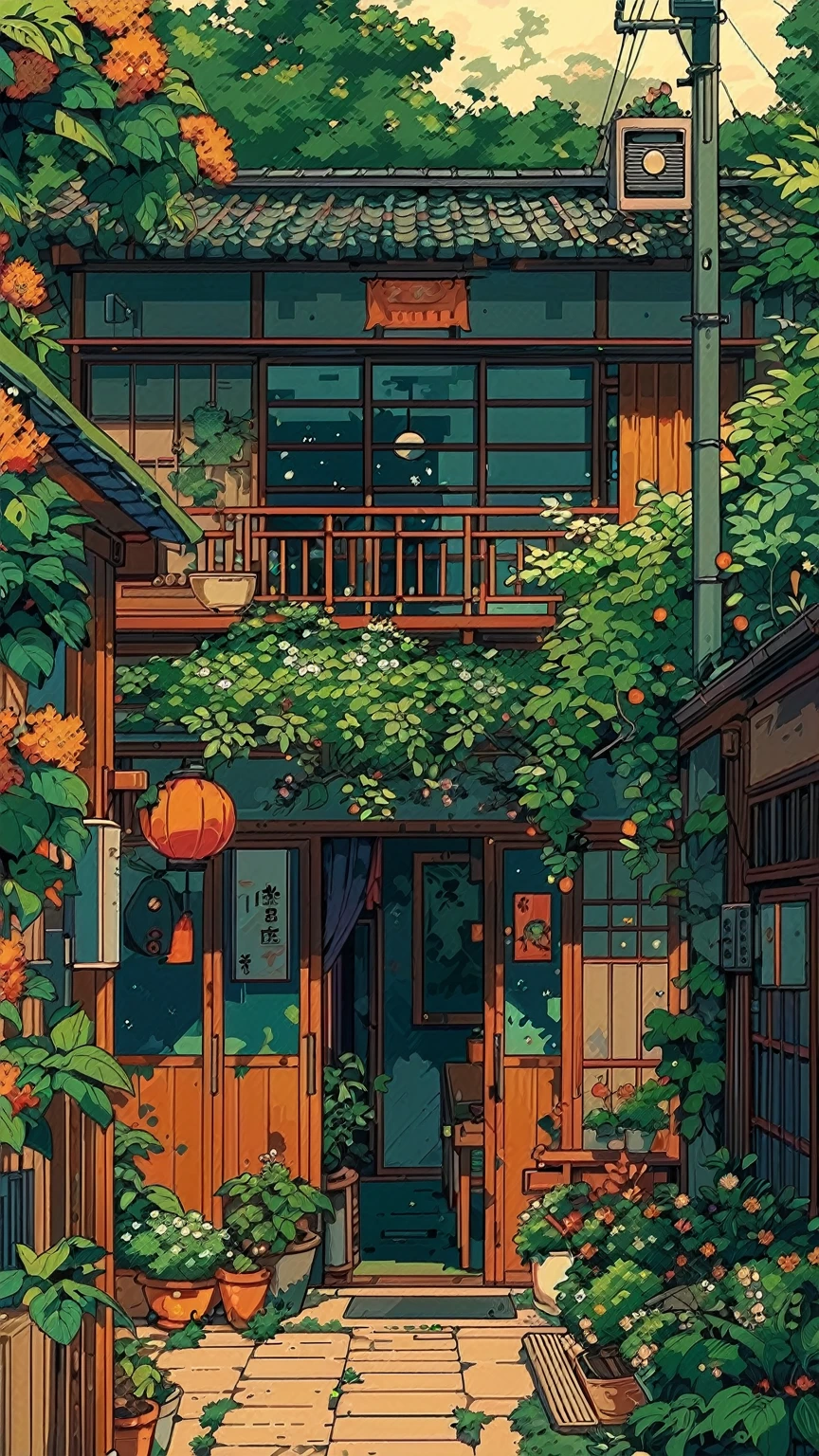 a cartoon picture of a house with a garden and a walkway, anime background art, lo-fi illustration style, anime aesthetic, studio ghibli aesthetic, lofi artstyle, japanese art style, lofi art, anime vibes, kyoto inspired, beautiful detailed pixel art, lofi vibes, detailed scenery —width 672, lofi aesthetic, 9 0 s anime aesthetic