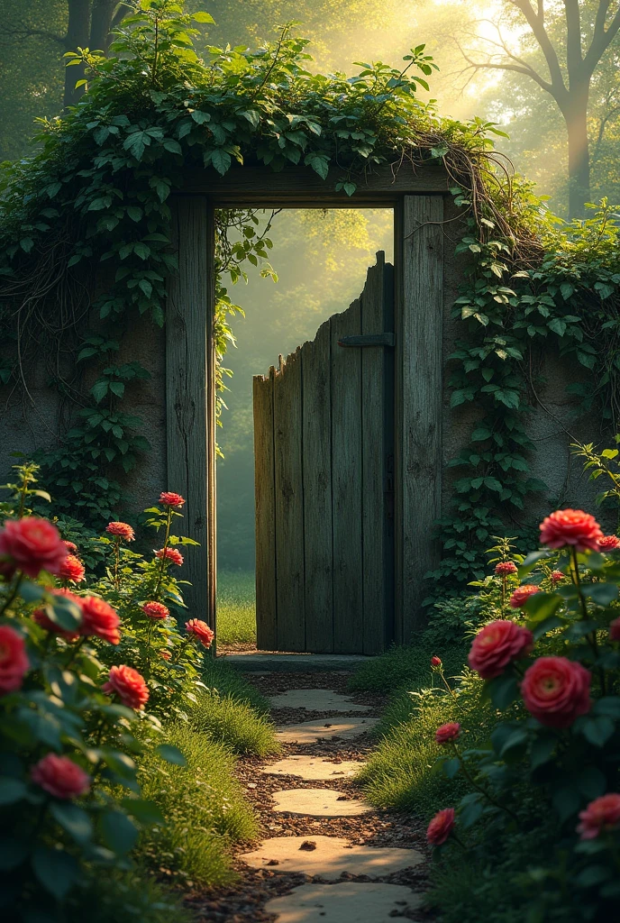 An abandoned rose garden, ivy and thorns, a door rotted by time, sunlight pir light
