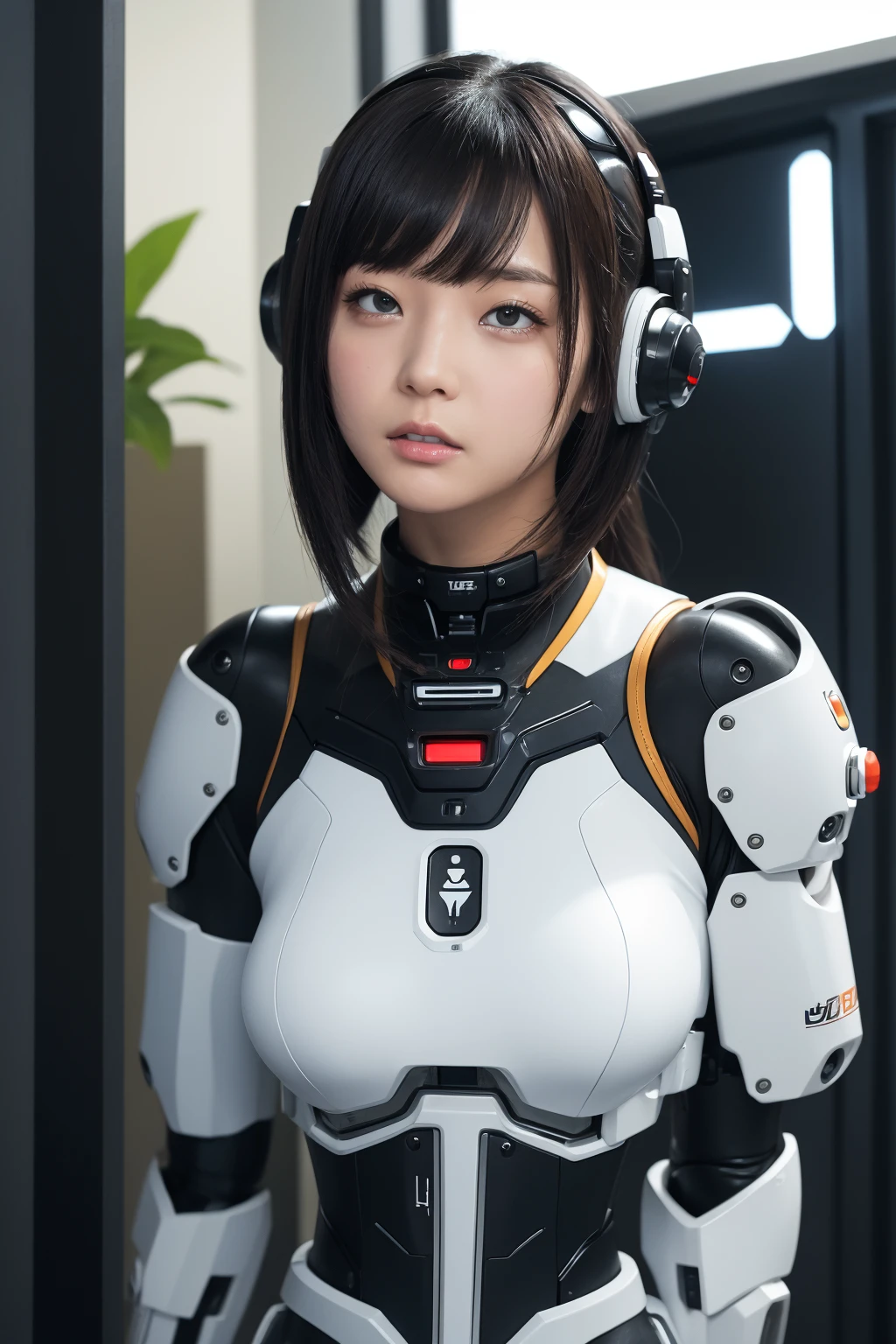masterpiece, best quality, extremely detailed, Japaese android girl,portrait,Plump,a bit chubby,control panels,android,Droid,Mechanical Hand, Robot arms and legs, Black hair,Blunt bangs,perfect robot girl,long tube,thick cable connected her neck,android,robot,humanoid,cyborg,japanese cyborg girl ,robot-assembly plant,She is assembling now,assembly scene,rolling eyes,chest monitor,rolling eyes