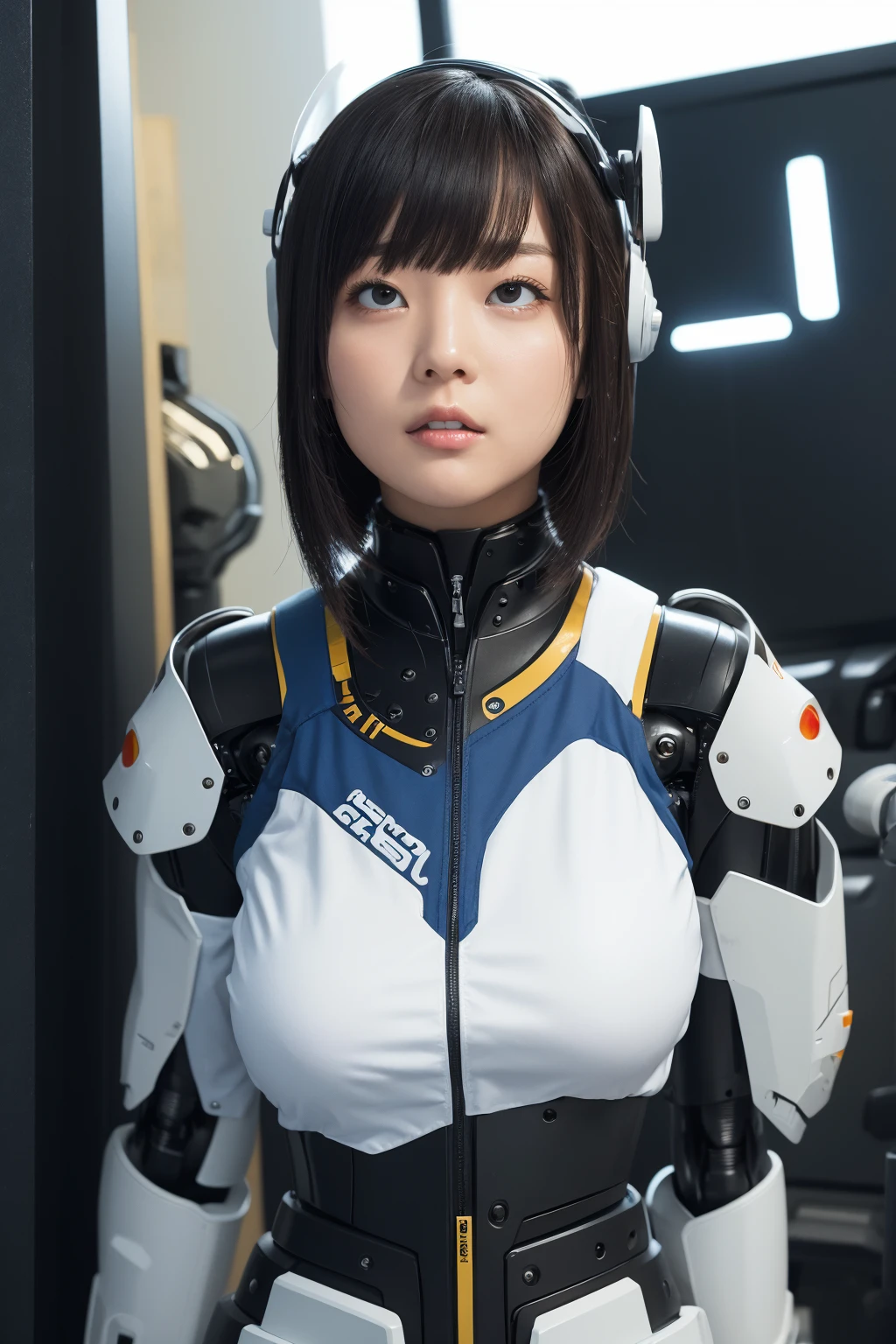 masterpiece, best quality, extremely detailed, Japaese android girl,portrait,Plump,a bit chubby,control panels,android,Droid,Mechanical Hand, Robot arms and legs, Black hair,Blunt bangs,perfect robot girl,long tube,thick cable connected her neck,android,robot,humanoid,cyborg,japanese cyborg girl ,robot-assembly plant,She is assembling now,assembly scene,rolling eyes,chest monitor,rolling eyes