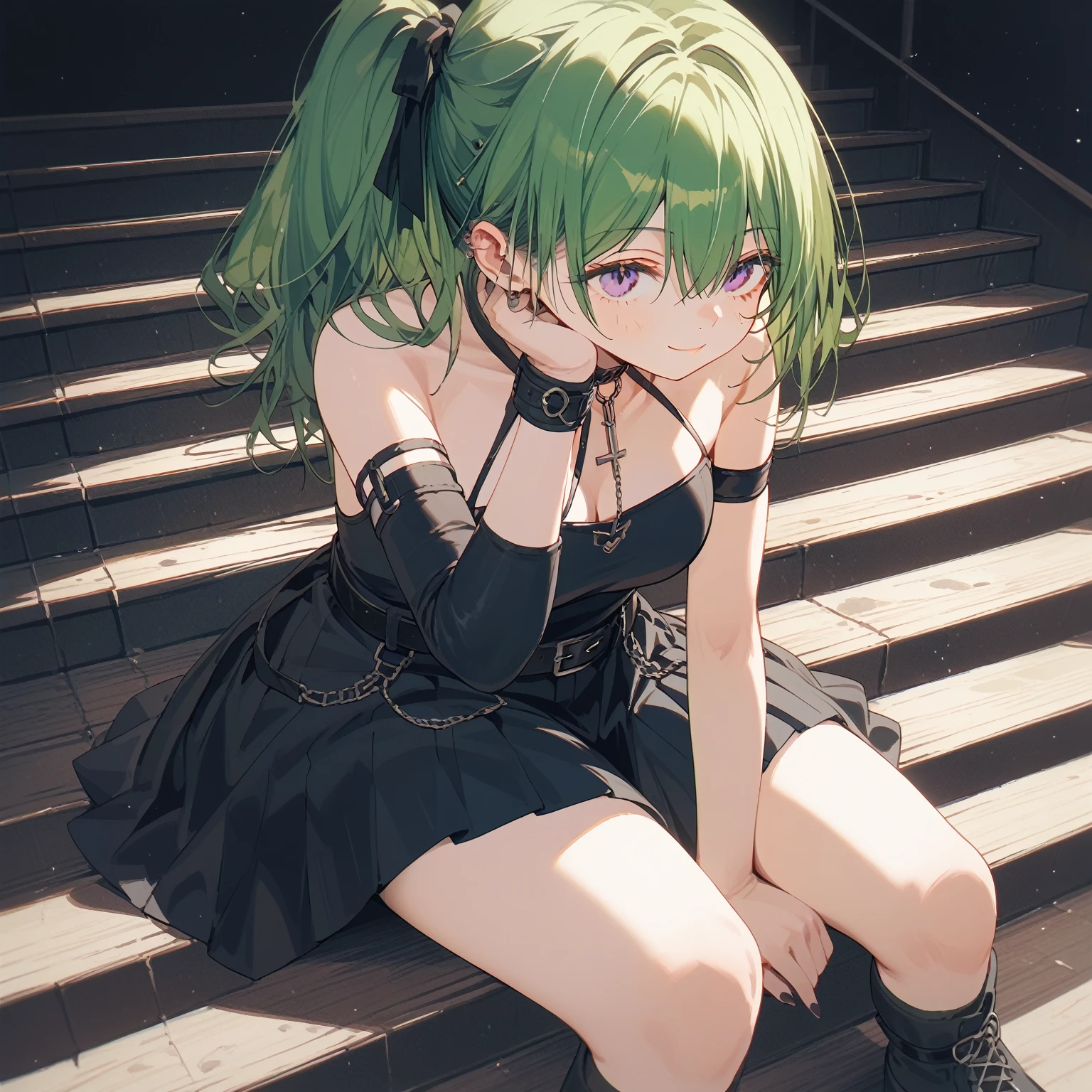 (masterpiece, The best quality at its best:1.2), alone, One huge breasted girl, Green Hair, bangs, Hair between the eyes, Side Ponytail, Purple eyes, A light smile, Black choker, clavicle, No sleeve, Black Dress, No sleeve dress, Halter neck, Pleated skirt, Black gloves, belt, Black footwear,、look up、Funeral of Frieren、Uber、sitting on the stairs with hand on chin、Alluring、Depiction from an angle、Highest rated on pixiv、whole body、Large Breasts
