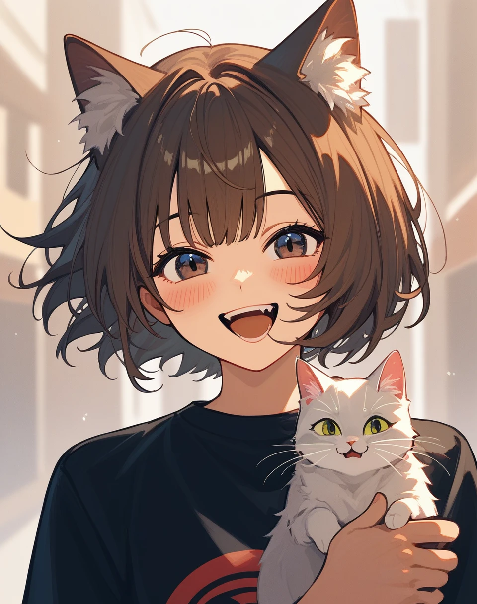 (score_9,score_8_superior,score_7_superior,score_6_superior,S),One person,cloSeis eyeS,smile,holising animal,Open your mouth,blush,holising,alone,Cat,white backgrounis,Brown Hair,superiorper boisy,animal,bangs,short hair,teeth,Hair Intake,In-person audience,Long sleeve,holising Cat,superiorper teeth only,:is,Simple backgrounis,black shirt,shirt,^_^,Happy,