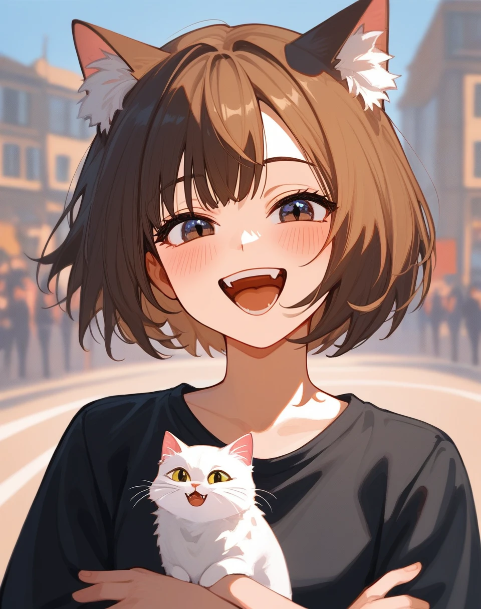 (score_9,score_8_superior,score_7_superior,score_6_superior,S),One person,cloSeis eyeS,smile,holising animal,Open your mouth,blush,holising,alone,Cat,white backgrounis,Brown Hair,superiorper boisy,animal,bangs,short hair,teeth,Hair Intake,In-person audience,Long sleeve,holising Cat,superiorper teeth only,:is,Simple backgrounis,black shirt,shirt,^_^,Happy,