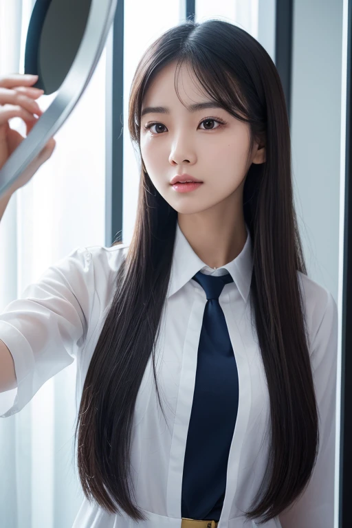 (Highest Resolution, clear_image) Highest quality, ((Asian Woman)), Korean Hair, masterpiece, Attention to detail,Looks real, Long Hair, Hair quality improvement hair, 20〜30th Generation, 2024 Summer Uniform, Cool look, Beautiful Faces, ((With X-ray mirror)),Beauty,Shiny hair,front