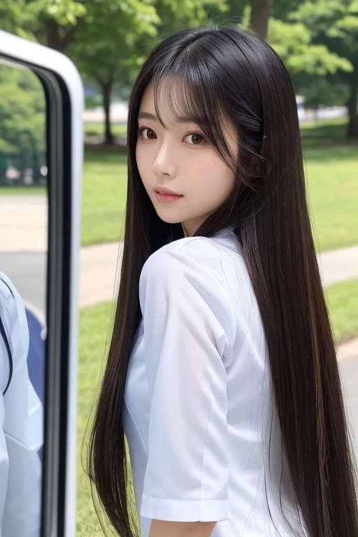 (Highest Resolution, clear_image) Highest quality, ((Asian Woman)), Korean Hair, masterpiece, Attention to detail,Looks real, Long Hair, Hair quality improvement hair, 20〜30th Generation, 2024 Summer Uniform, Cool look, Beautiful Faces, ((With X-ray mirror)),Beauty,Shiny hair,front