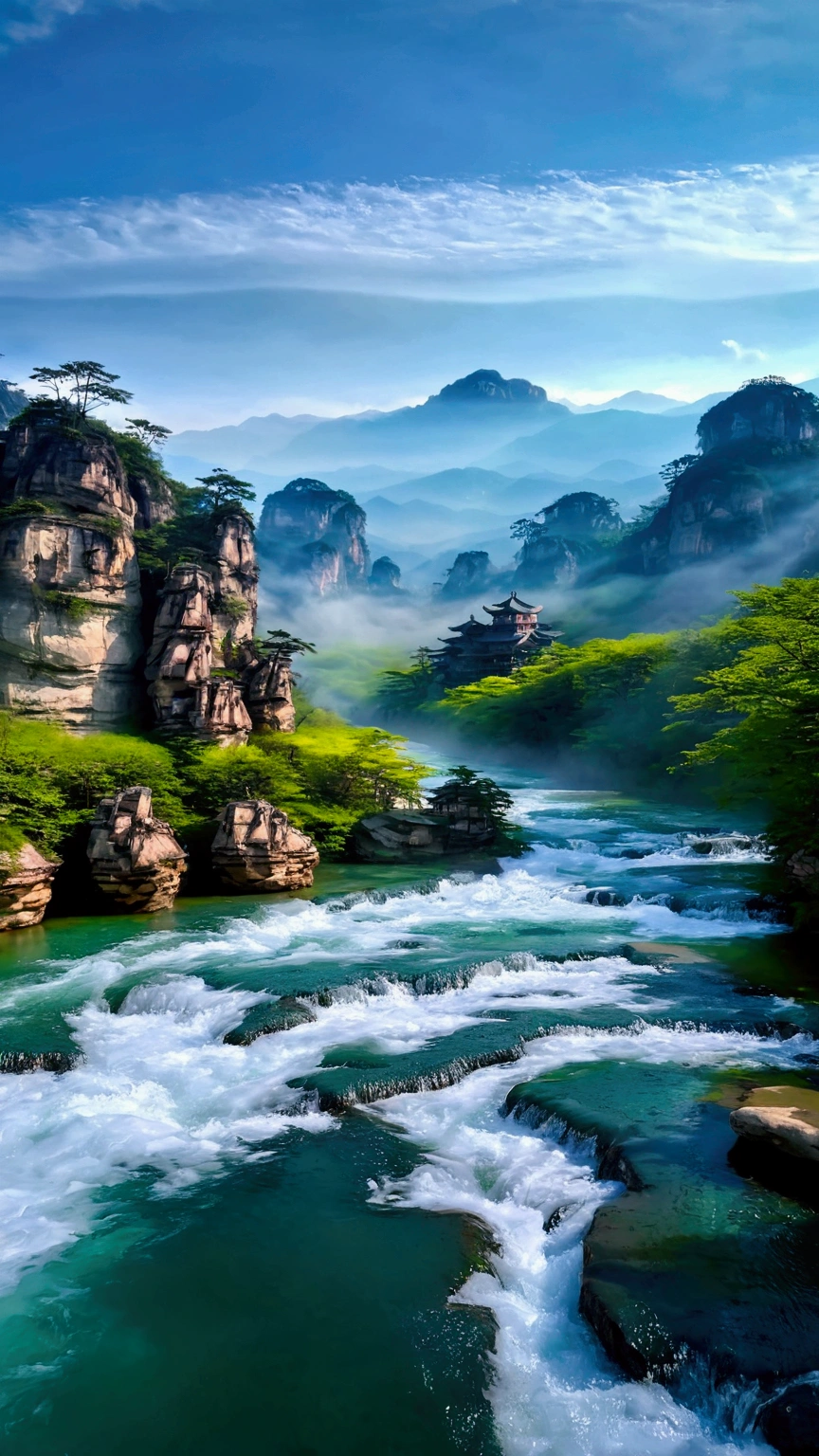 Taking photos in the creek,The stream is flowing,The stream is clear,There is a mountain at one end of the stream,Stone Mountain in Zhangjiajie,Clouds and mist,Unified emerald green tone,Cinematic color grading