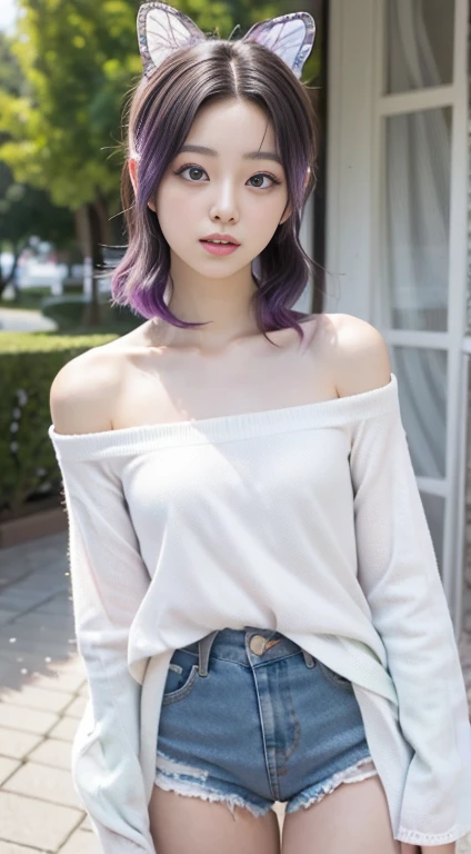masterpiece, best quality, high resolution, A girl, Solitary, Section Chief Shinobu, Butterfly Hair Accessories, Purple Eyes, Colorful hair, short hair, partedbangs, Nude and covered, Off-shoulder, Long sleeve, White lace denim shoot, There are weapons, sword