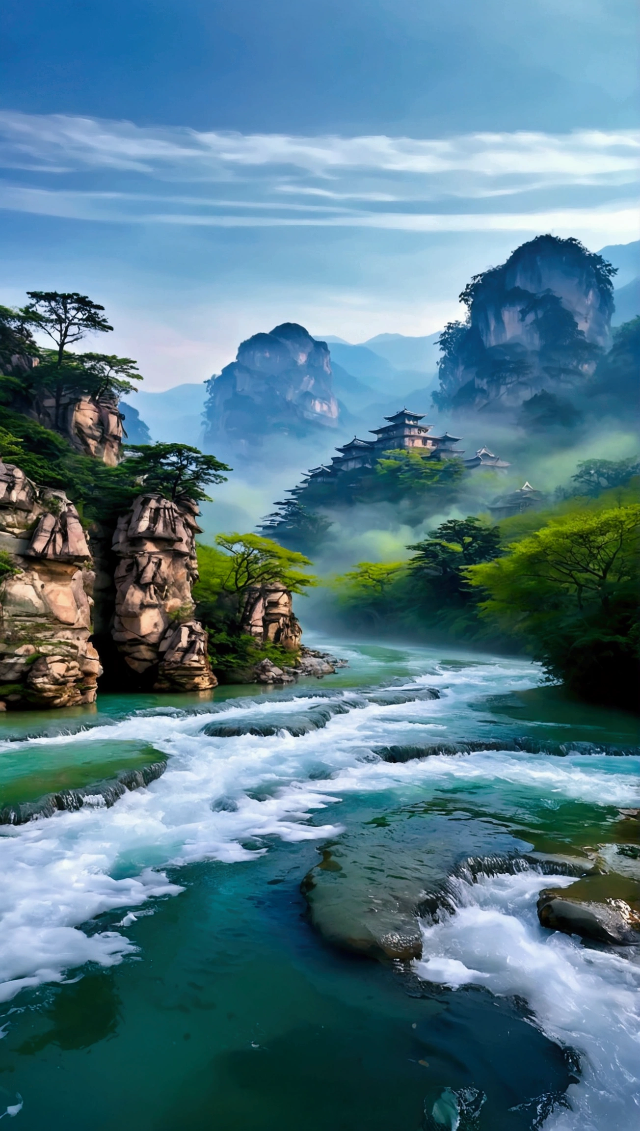 Taking photos in the creek,The stream is flowing,The stream is clear,There is a mountain at one end of the stream,Stone Mountain in Zhangjiajie,Clouds and mist,Unified emerald green tone,Cinematic color grading