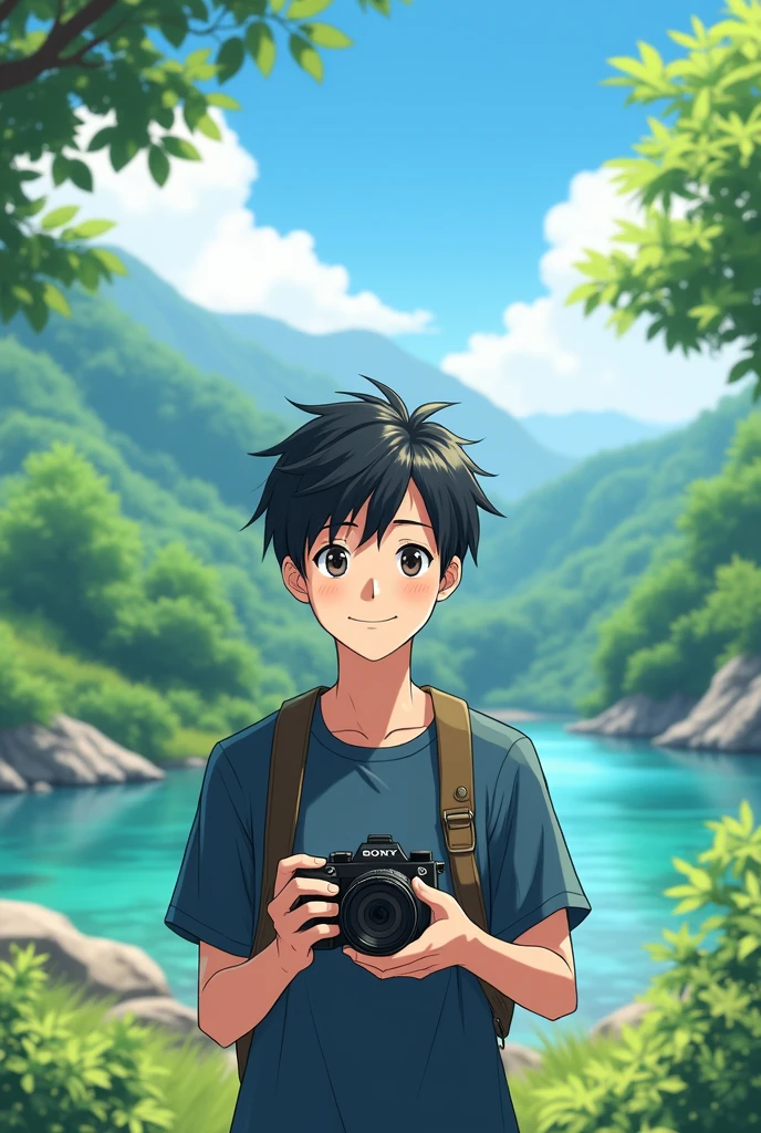 Animated Japanese man holding a Sony SLR Natural scenery