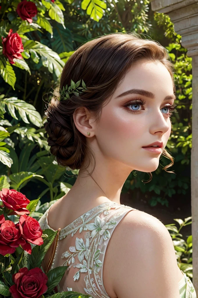 a gorgeous princess, wearing a floral red and green frock, garden background, beautiful detailed eyes, beautiful detailed lips, extremely detailed eyes and face, long eyelashes, elegant, graceful, porcelain skin, photorealistic, highly detailed, 8k, masterpiece, vibrant colors, warm lighting, lush foliage, ornate architecture, ethereal atmosphere