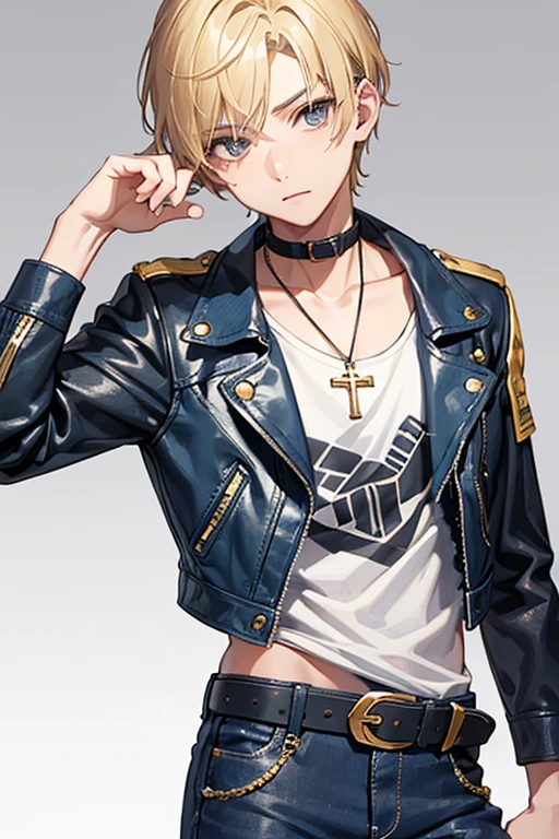 16 year old boy, blonde hair short on the sides and pointed up, gray eyes, blue leather jacket yellow shirt with musical print blue jeans slim build black belt gold cross necklace looking directly at viewer white background