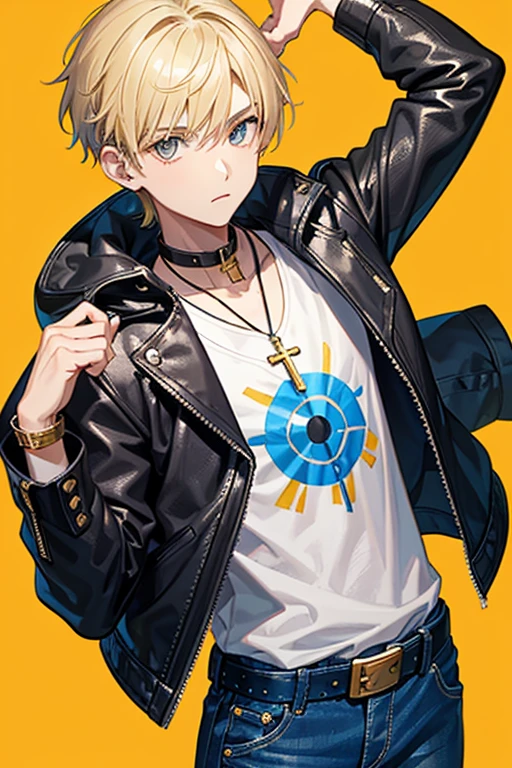 16 year old boy, blonde hair short on the sides and pointed up, gray eyes, blue leather jacket yellow shirt with musical print blue jeans slim build black belt gold cross necklace looking directly at viewer white background