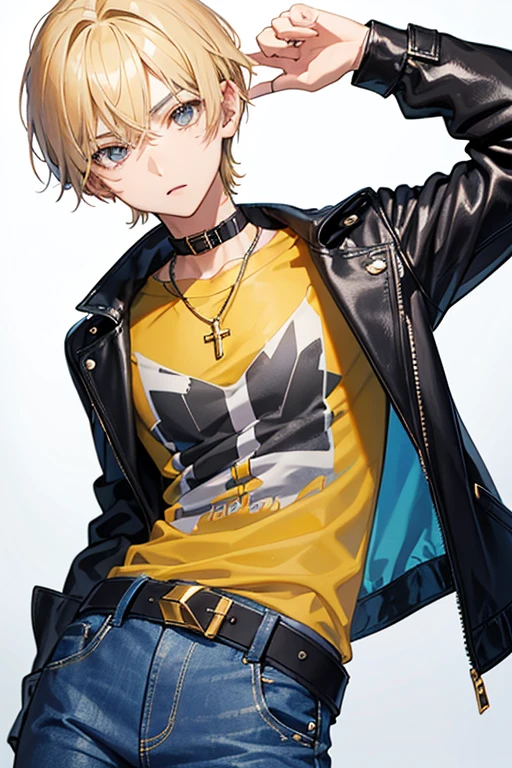 16 year old boy, blonde hair short on the sides and pointed up, gray eyes, blue leather jacket yellow shirt with musical print blue jeans slim build black belt gold cross necklace looking directly at viewer white background